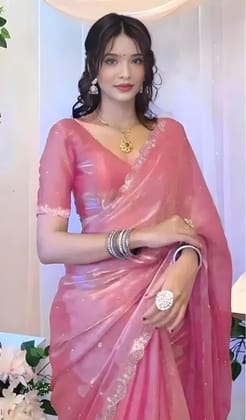 Women's Pink Organza Silk Saree with Sequins Work | Designer Party Wear Saree with Matching Blouse Piece | Elegant Ethnic Wear