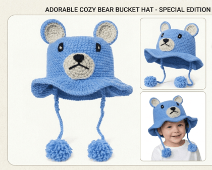 Handmade Crochet Bear Bucket Hat for Kids | Soft Cotton Knitted Sun Hat with Ear Flaps & Pom-Pom Tassels | Cute Baby & Toddler Winter Cap | Blue
