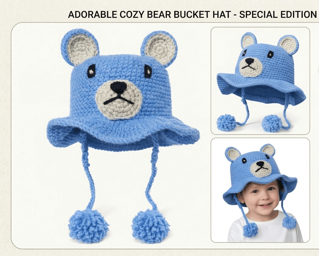 Handmade Crochet Bear Bucket Hat for Kids | Soft Cotton Knitted Sun Hat with Ear Flaps & Pom-Pom Tassels | Cute Baby & Toddler Winter Cap | Blue