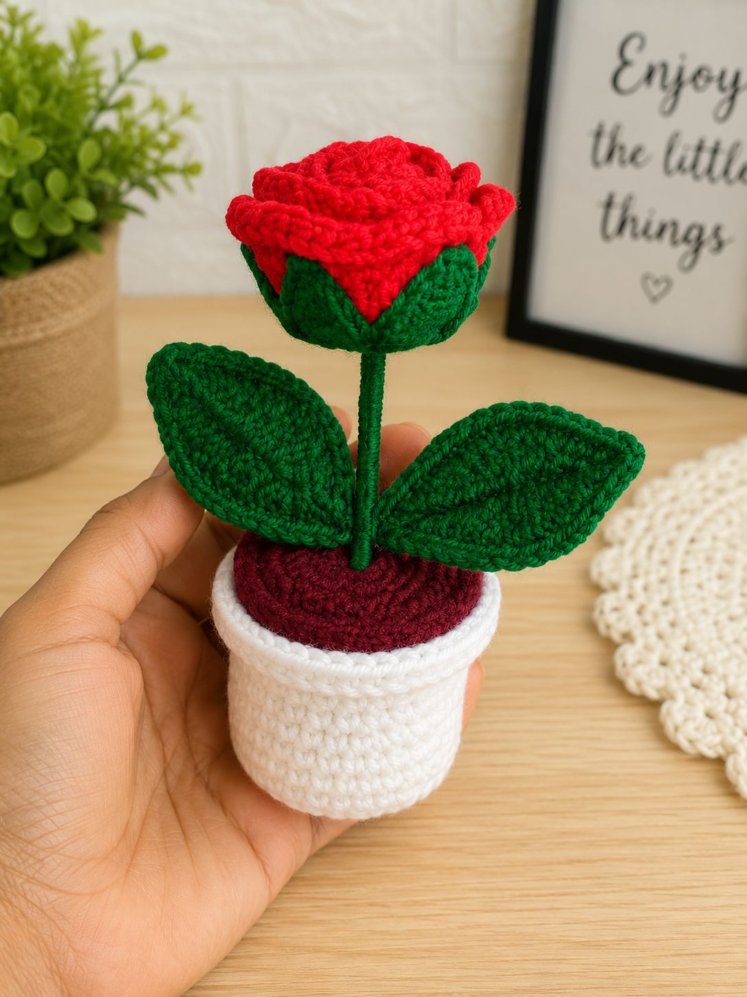 Handmade Crochet Rose Flower Pot – Luxury Gift Edition
