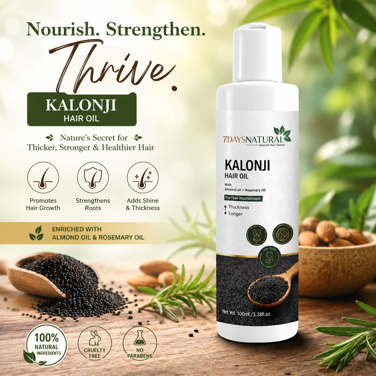 Elegantra Naturavives Kalonji Hair Oil (100ml pack of 1) – Advanced Hair Growth & Thickness Formula with Black Seed, Almond & Rosemary Oil | Root Strengthening & Split End Repair Therapy | For Longer, Silky & Stronger Hair