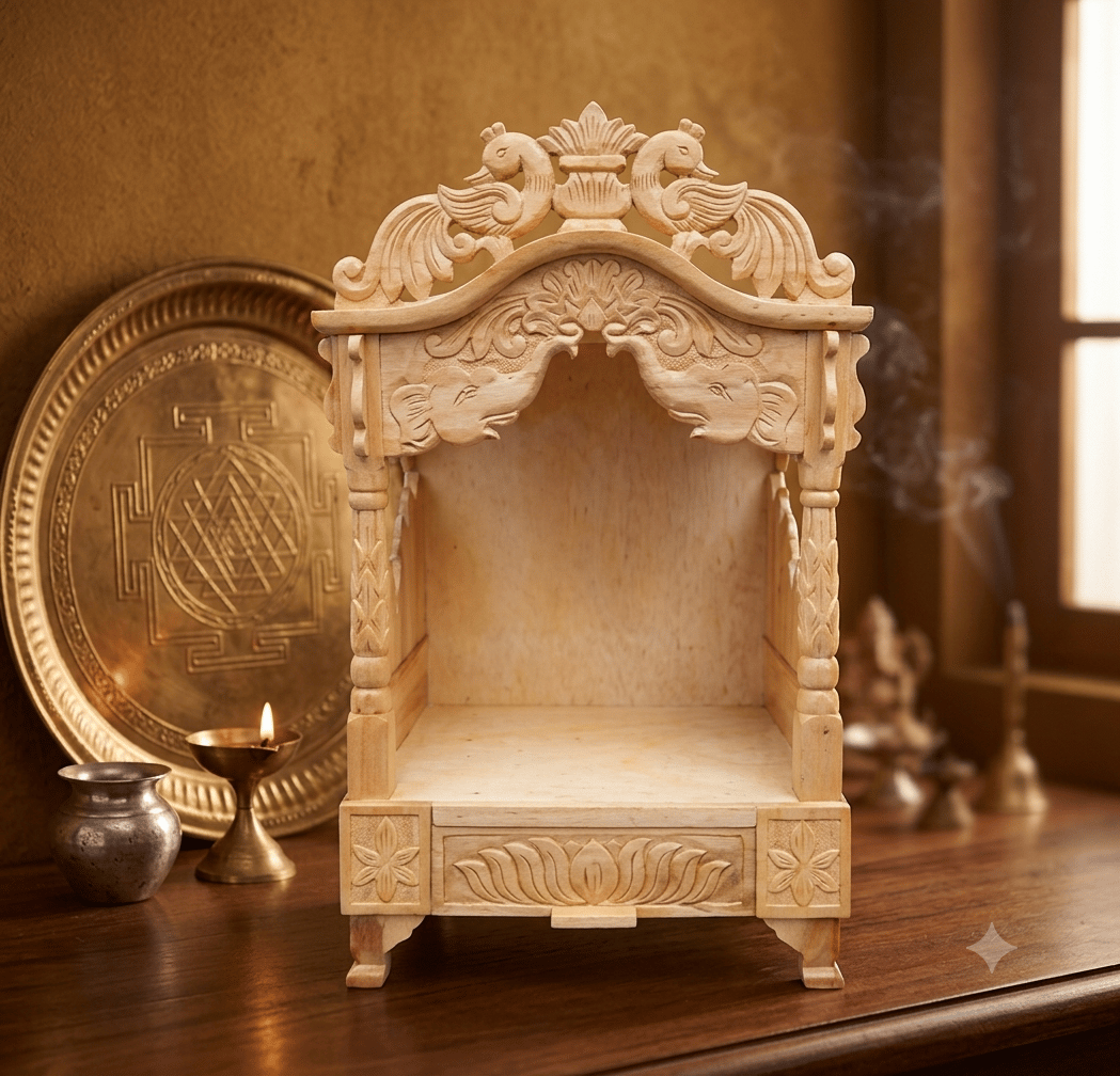 Handcrafted Wooden Mandir with Intricate Floral Carving – Mini Temple for Home Décor & Pooja