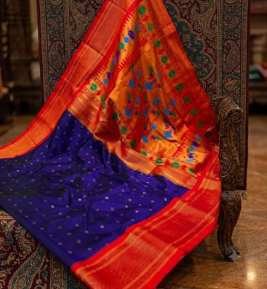 Deep Blue Traditional Silk Saree with Orange Pallu and Red Border