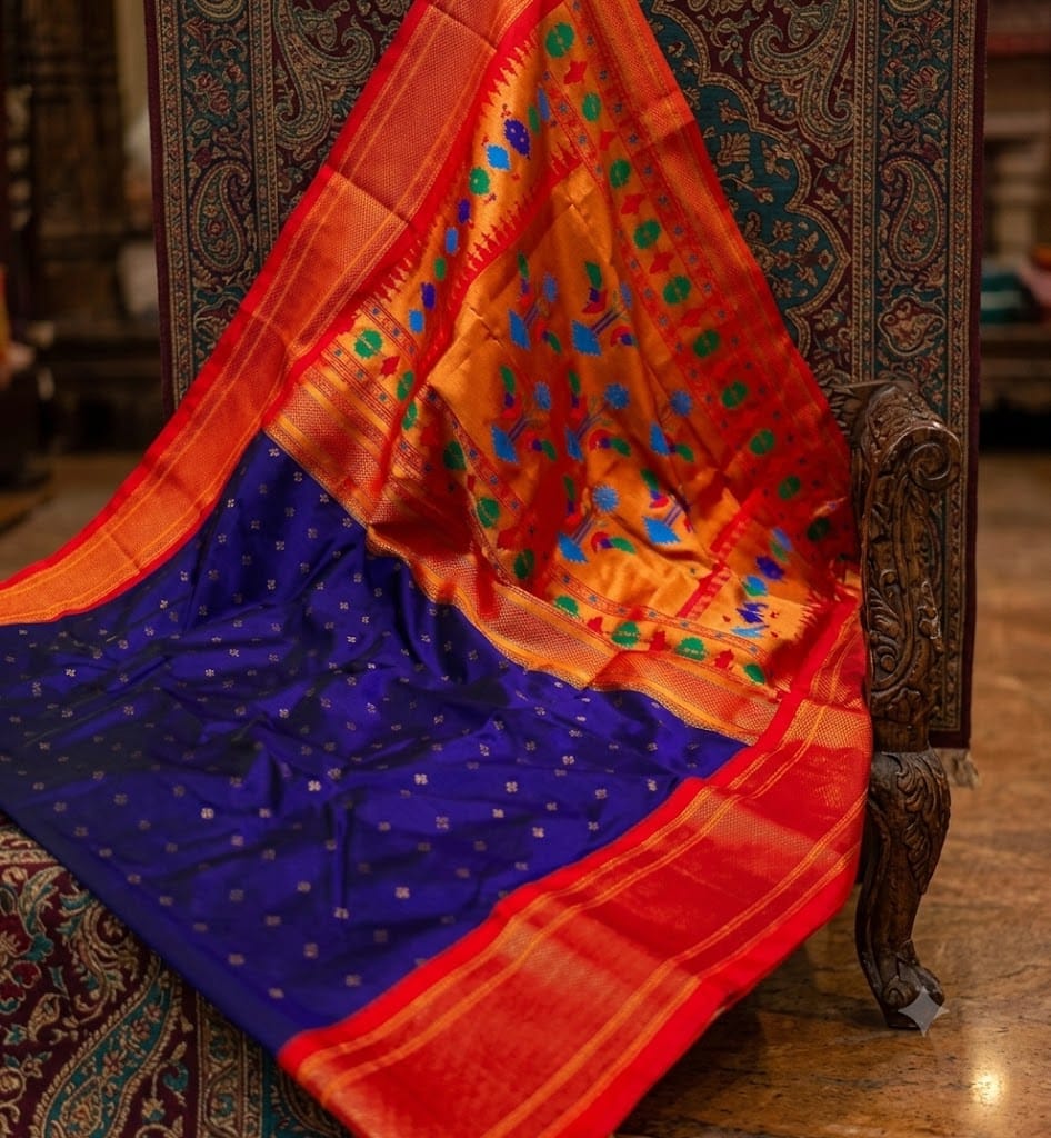Deep Blue Traditional Silk Saree with Orange Pallu and Red Border