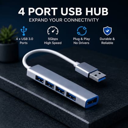 High-Speed 4 Port USB Hub for Laptop and PC, Compact & Portable USB Splitter (Plug and Play)
