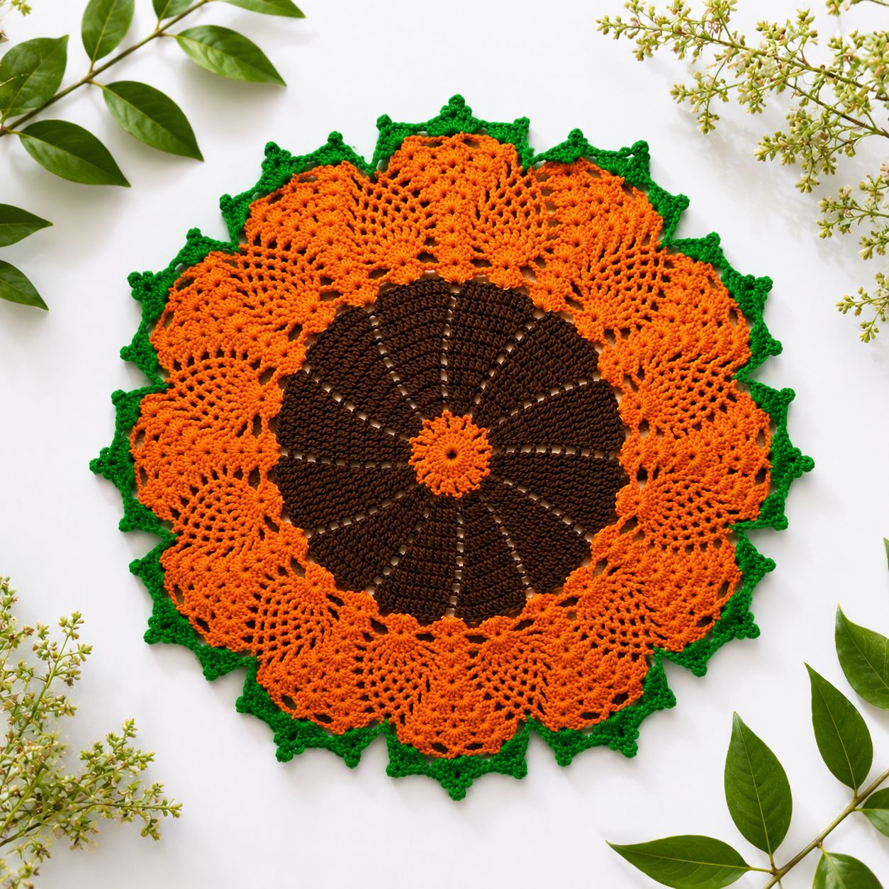 Aai's Handmade Sunflower Bloom Crochet Table Mat (Creative Edition - 15x15 inches, Item Code - SN0057V1) 