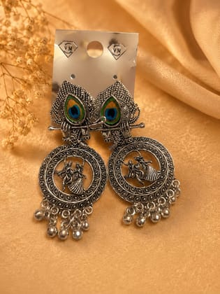 Radha Krishna Peacock Feather Oxidized Silver Dangle Earrings for Women & Girls