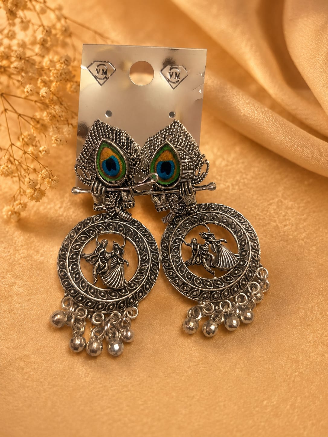 Radha Krishna Peacock Feather Oxidized Silver Dangle Earrings for Women & Girls