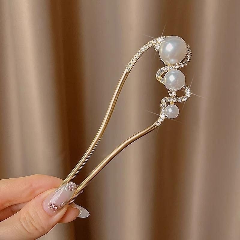 Elegant Gold Pearl Hair Pin for Women | Crystal Rhinestone Hair Stick