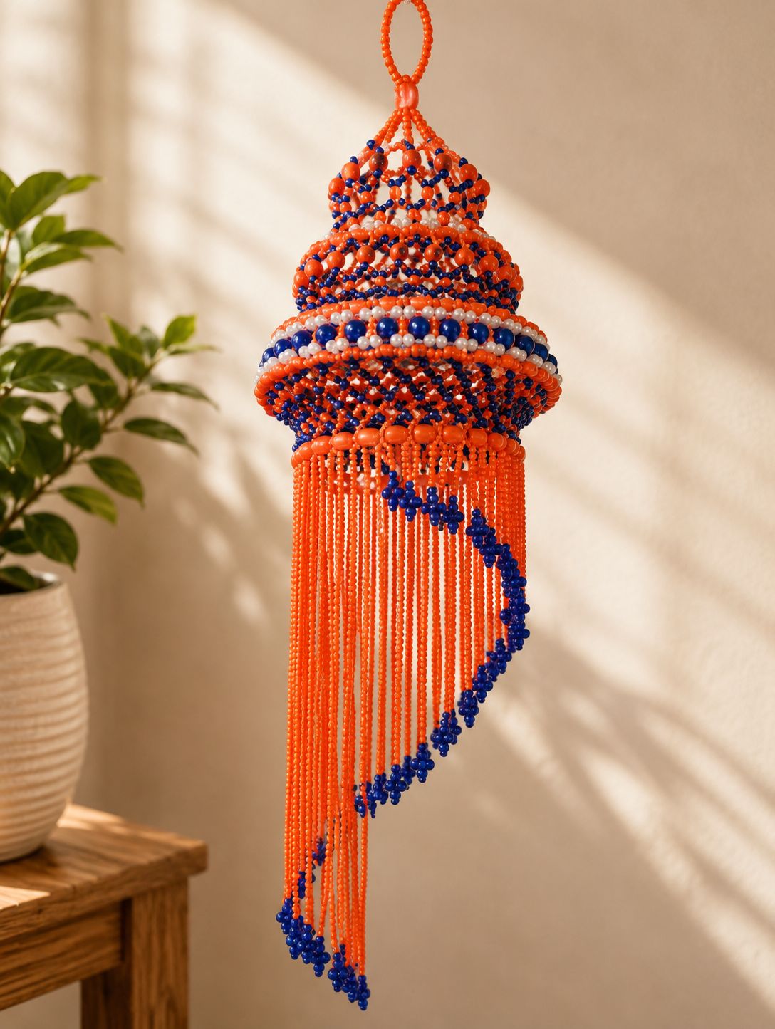 Handcrafted Traditional Beaded Akash Kandil Lantern - Orange, Blue & White