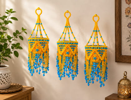Handcrafted Beaded Akash Kandil - Yellow & Blue Festive Hanging Lantern
