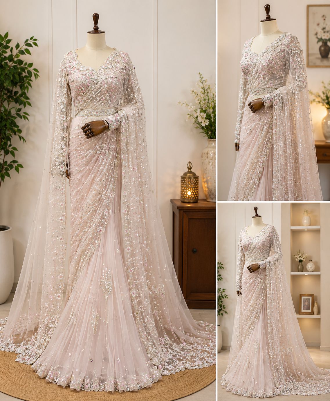 Light Pink Heavily Embroidered Net Saree with Unstitched Blouse Piece