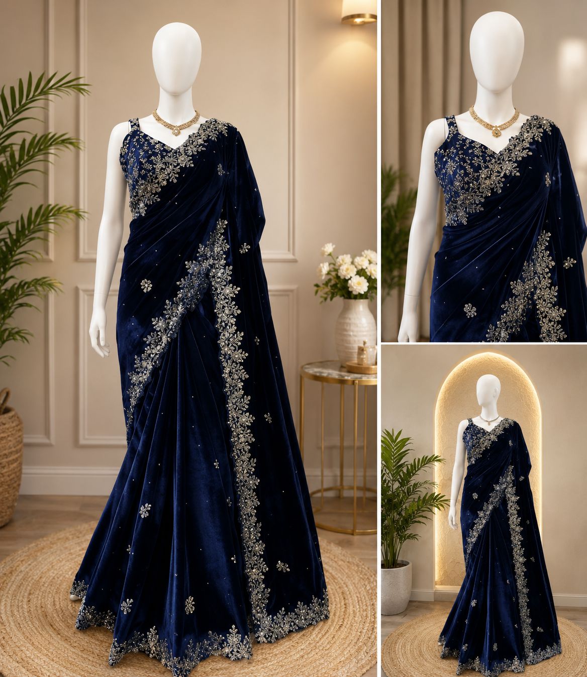 Women's Navy Blue Velvet Saree with Silver Embroidery