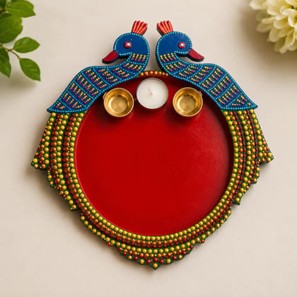 Handpainted Peacock Dot Art Puja Thali