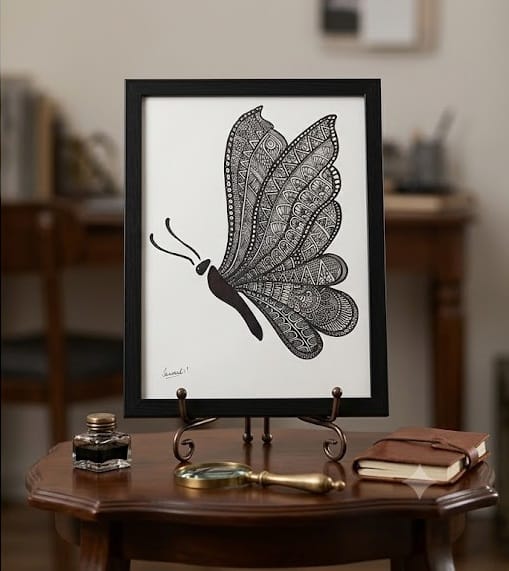 Simranjot! Hand-Drawn Zentangle Butterfly Framed Art (Black & White, 30x40cm)
