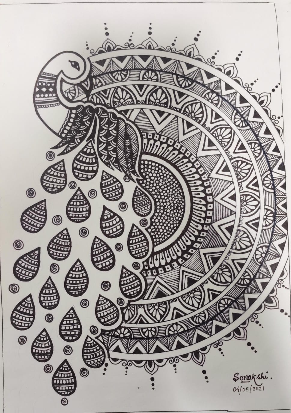 Sonakshi Hand-Drawn Peacock Mandala Framed Art Print