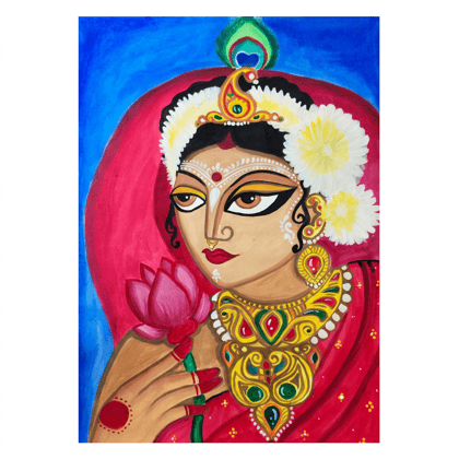 Traditional Kalighat Radha Painting with Lotus and Peacock Feather, Framed Traditional Kalighat Radha Painting with Lotus and Peacock Feather, Framed