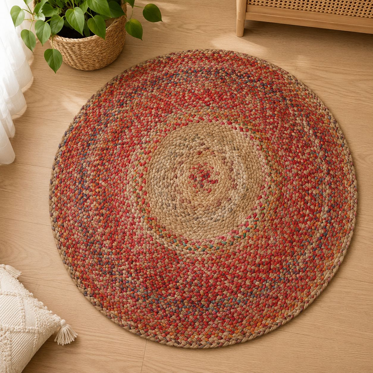 Braided Jute and Multi-Color Round Area Rug