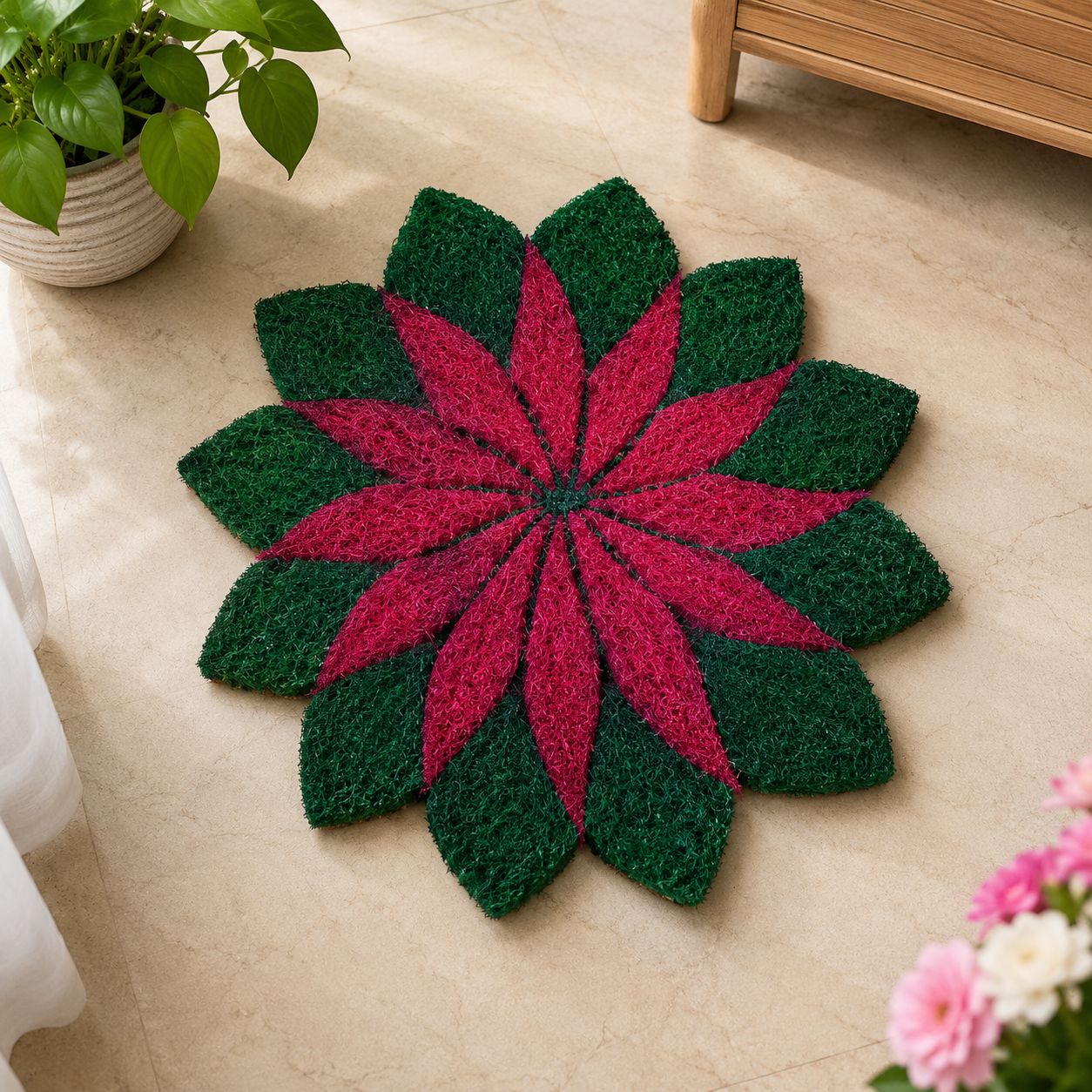 Floral Coiled PVC Round Doormat - Magenta & Green
