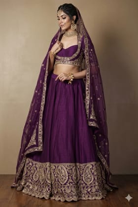 Purple Silk Lehenga Choli Set with Golden Zari Work