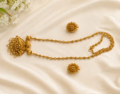 Gold Plated Traditional Temple Filigree Necklace Set with Stud Earrings