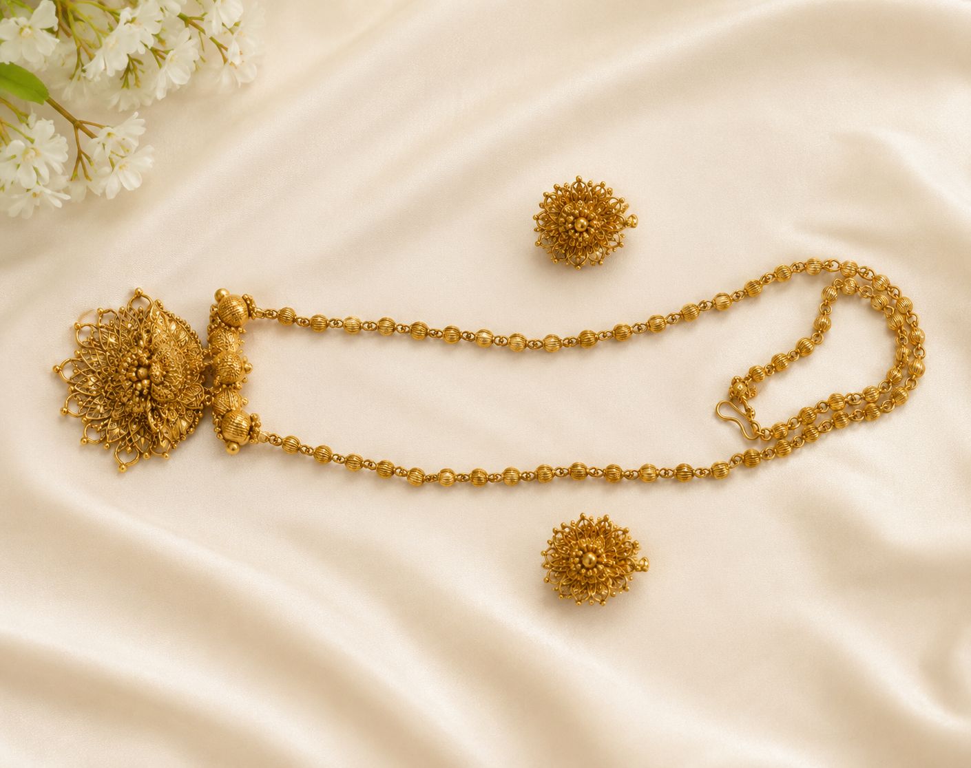 Gold Plated Traditional Temple Filigree Necklace Set with Stud Earrings