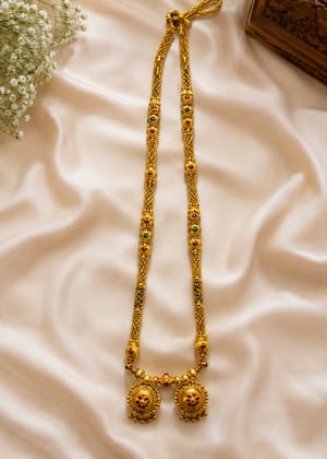 Traditional Dual Vati Long Mangalsutra with Red & Green Stones