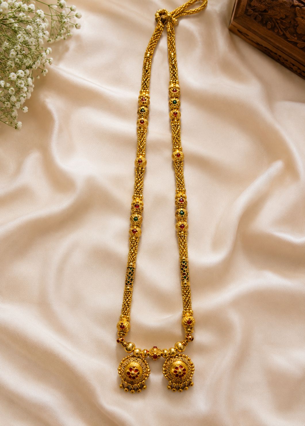 Traditional Dual Vati Long Mangalsutra with Red & Green Stones