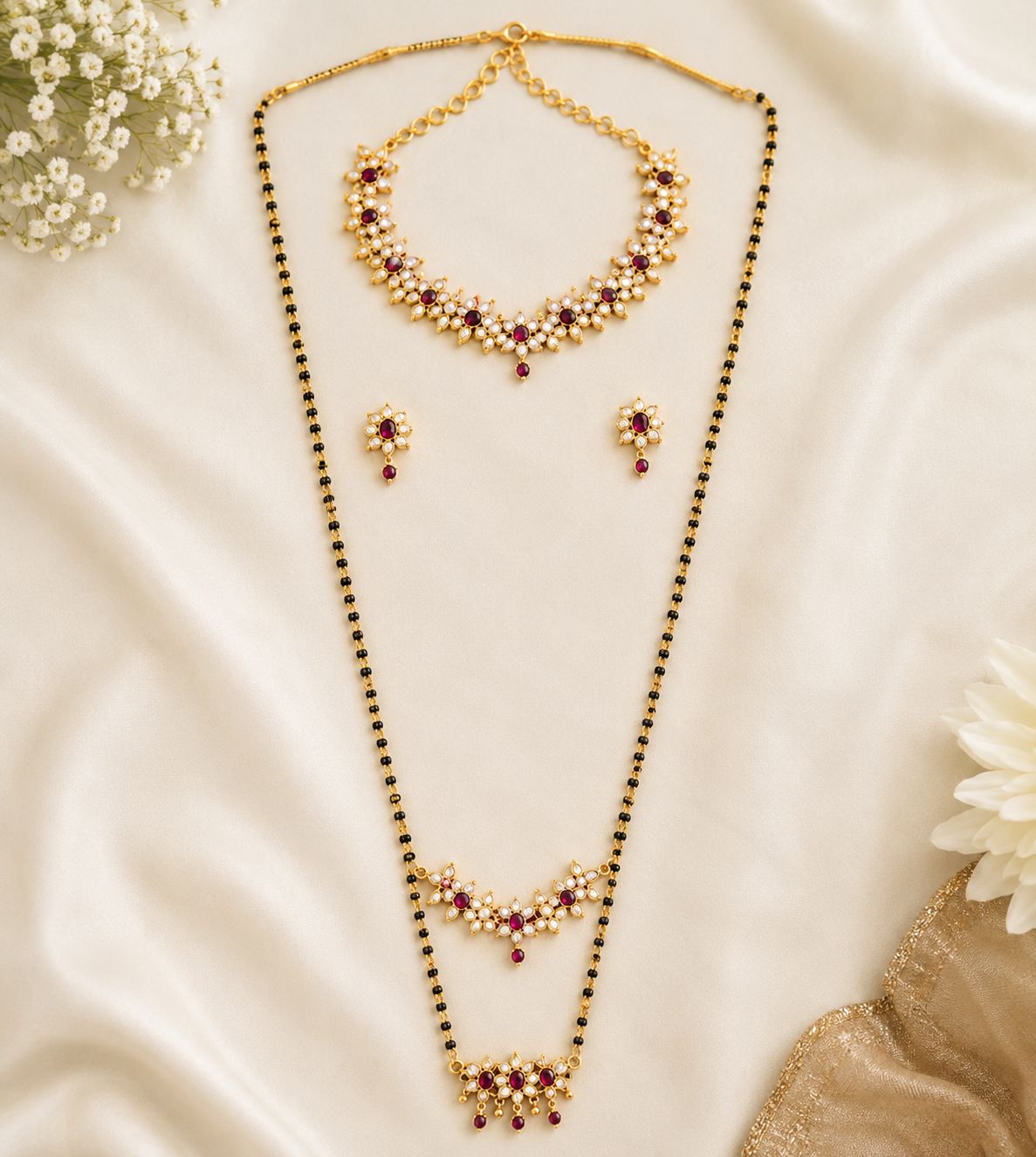 Traditional Gold Plated Mangalsutra Combo with Kundan & Ruby Accents