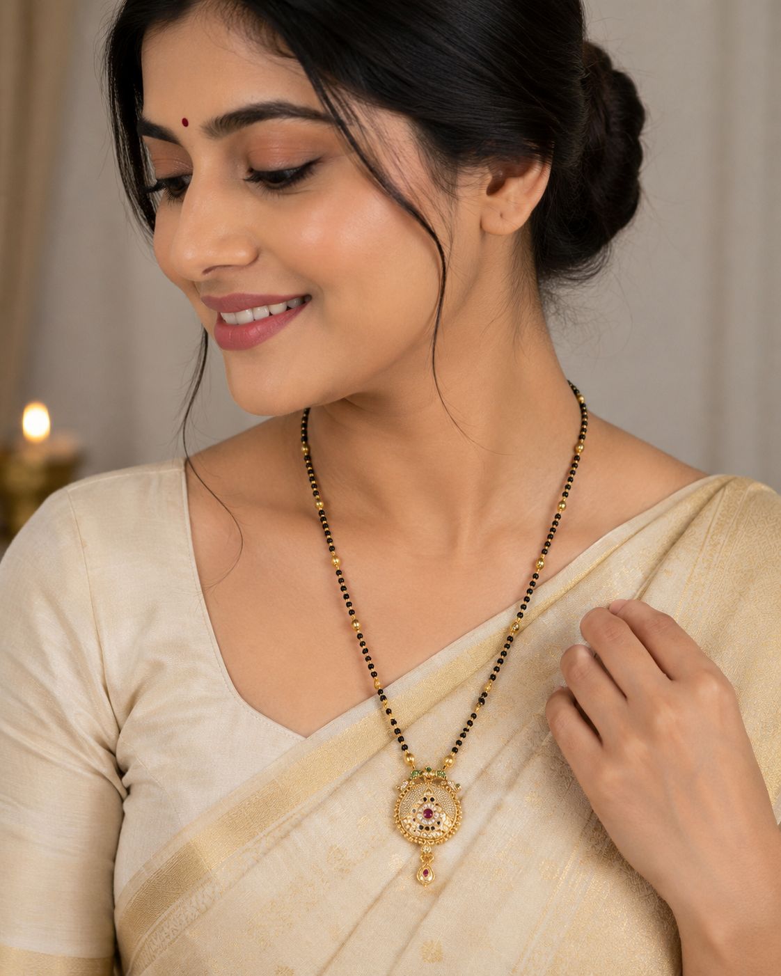 Traditional Gold Plated Kundan Ruby Mangalsutra Combo Set (Two Necklaces + Earrings)