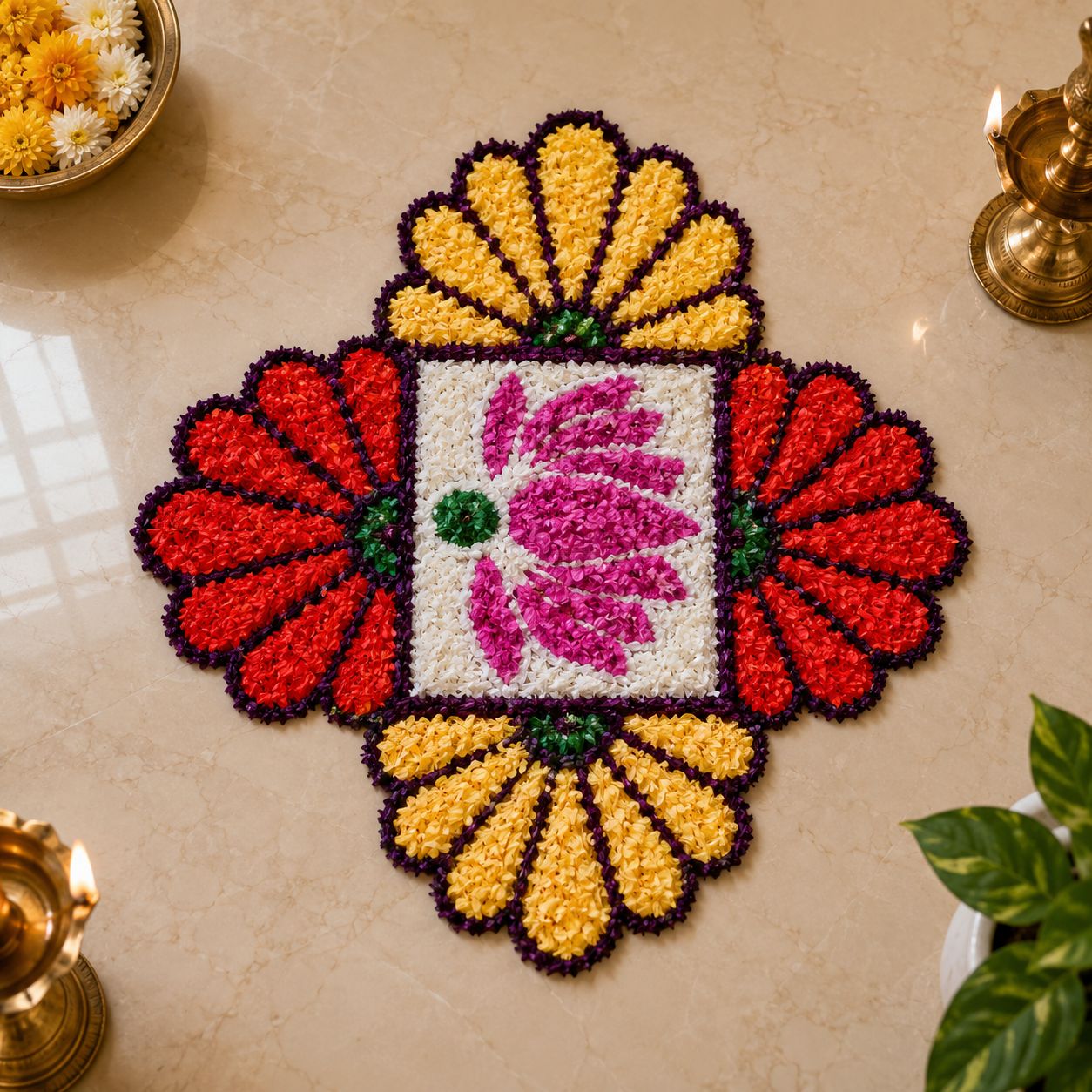 Handmade Multi-Colour Floral Fabric Rangoli Mat - Red, Yellow, Purple
