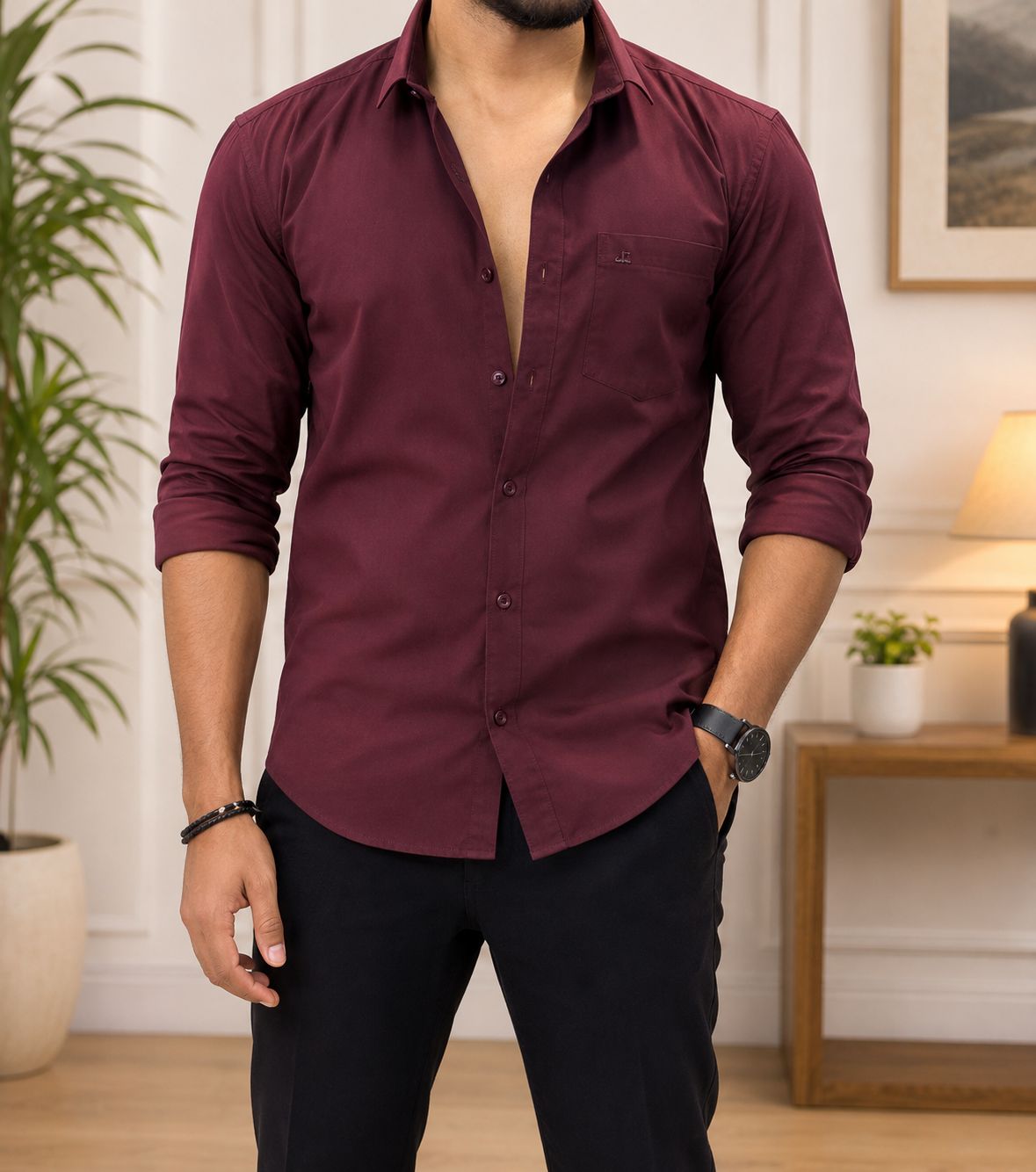 Men's Maroon Full Sleeve Button-Down Formal Shirt
