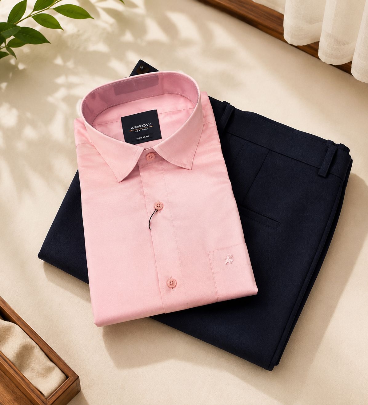Arrow Men's Pink Formal Shirt and Navy Trousers Set
