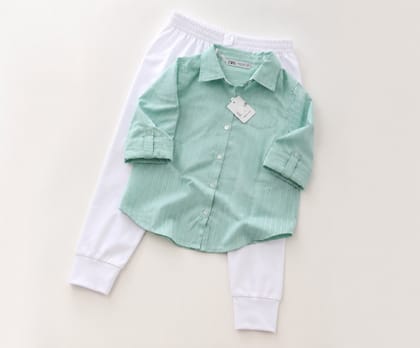 ZARA Kids Mint Green Striped Shirt & White Jogger Pants Set