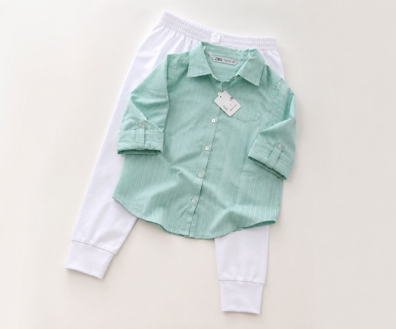 ZARA Kids Mint Green Striped Shirt & White Jogger Pants Set