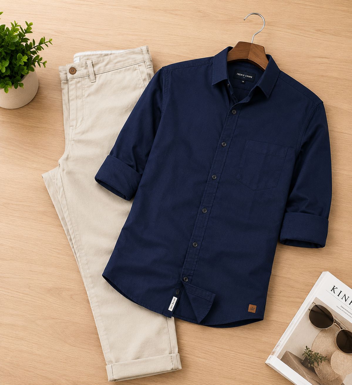 French Crown Navy Blue Button-Down Shirt & Beige Chino Pants Set