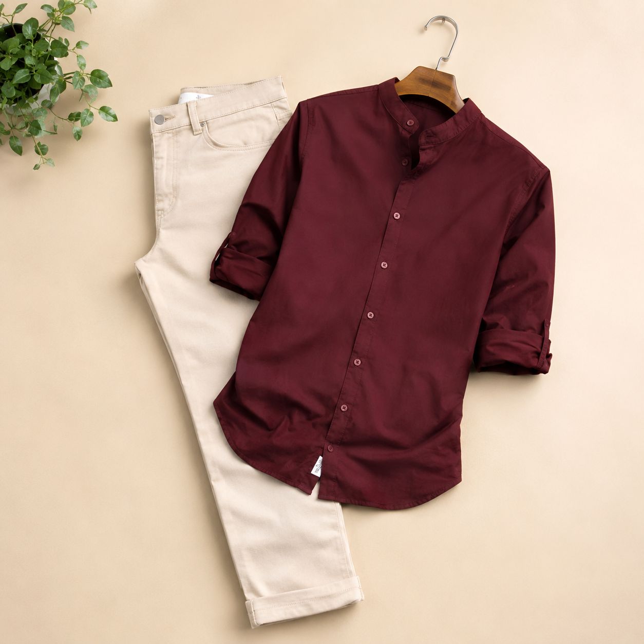 Men's Maroon Mandarin Collar Shirt & Beige Cotton Pant Combo Set