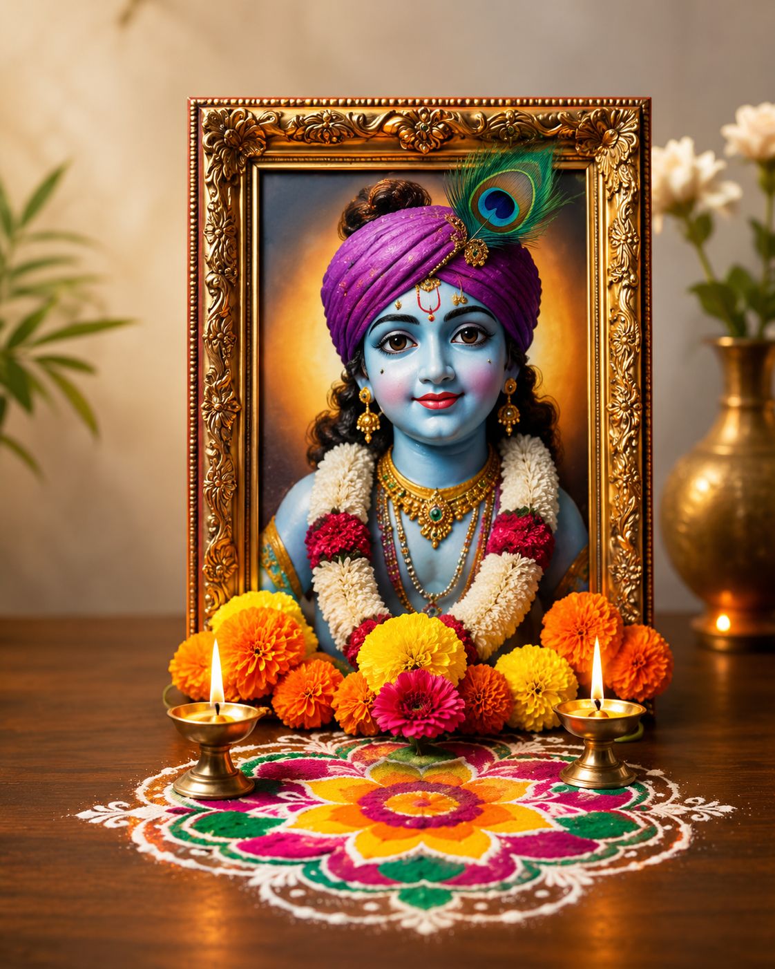 Ornate Framed Lord Krishna Devotional Picture for Puja