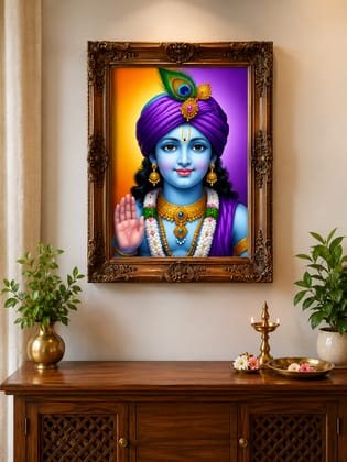 Ornate Framed Lord Krishna Devotional Picture for Puja