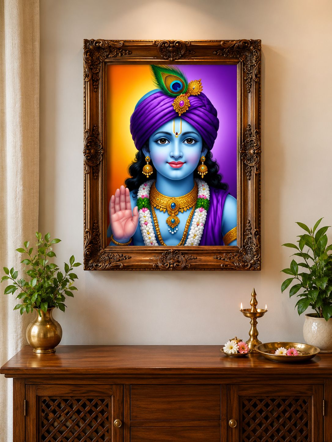 Ornate Framed Lord Krishna Devotional Picture for Puja