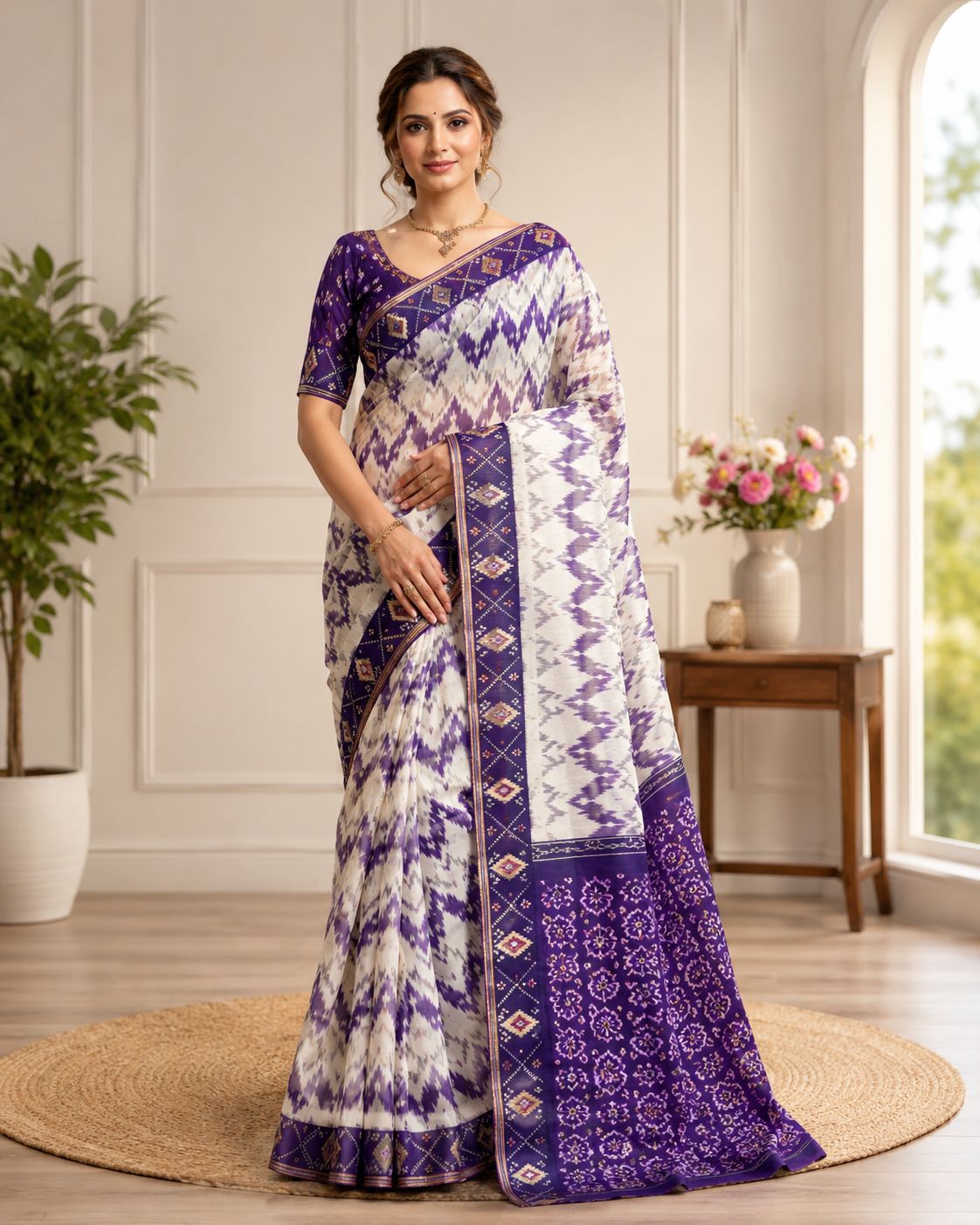 Elegant Purple & White Ikat Silk Saree with Zari Border