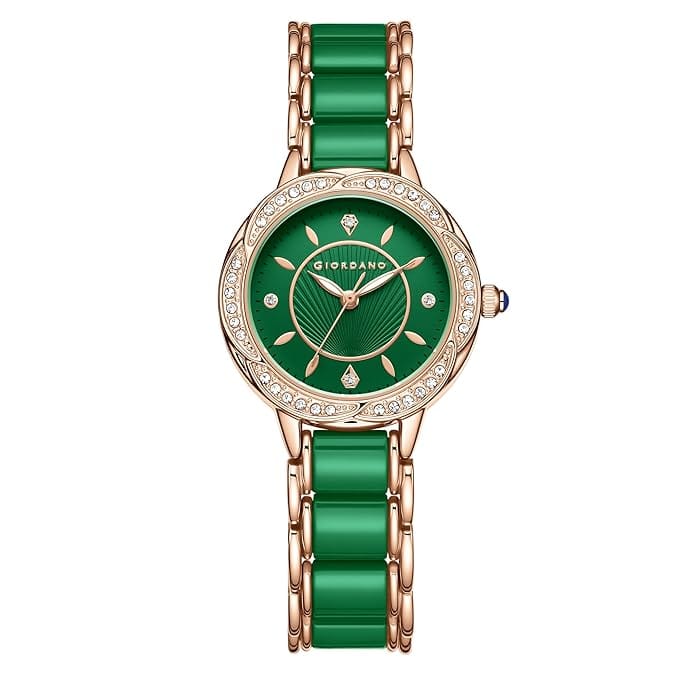 Giordano Flower Case Watch for Women with Crystal-Studded Bezel, Diamond Hour Markers & Dual Tone Stainless Steel Strap (Green)