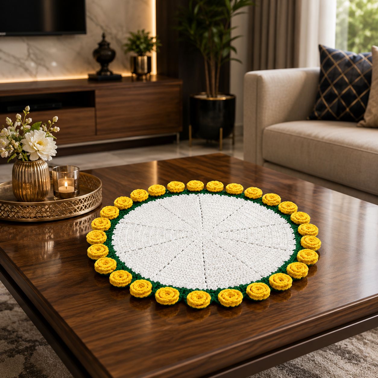 Handmade Round Crocheted Table Centerpiece Mat with Yellow Roses