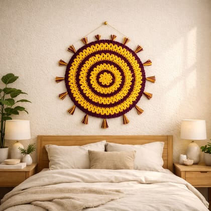 Round Crocheted Wall Hanging Yellow and Maroon Sun Design with Tassels