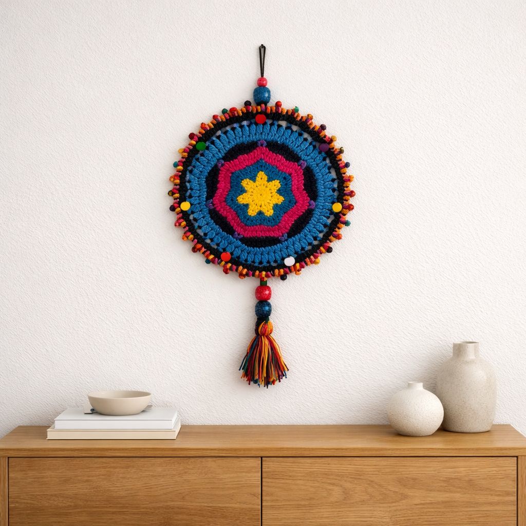 Colorful Round Crocheted Mandala Wall Hanging with Star Center and Tassel