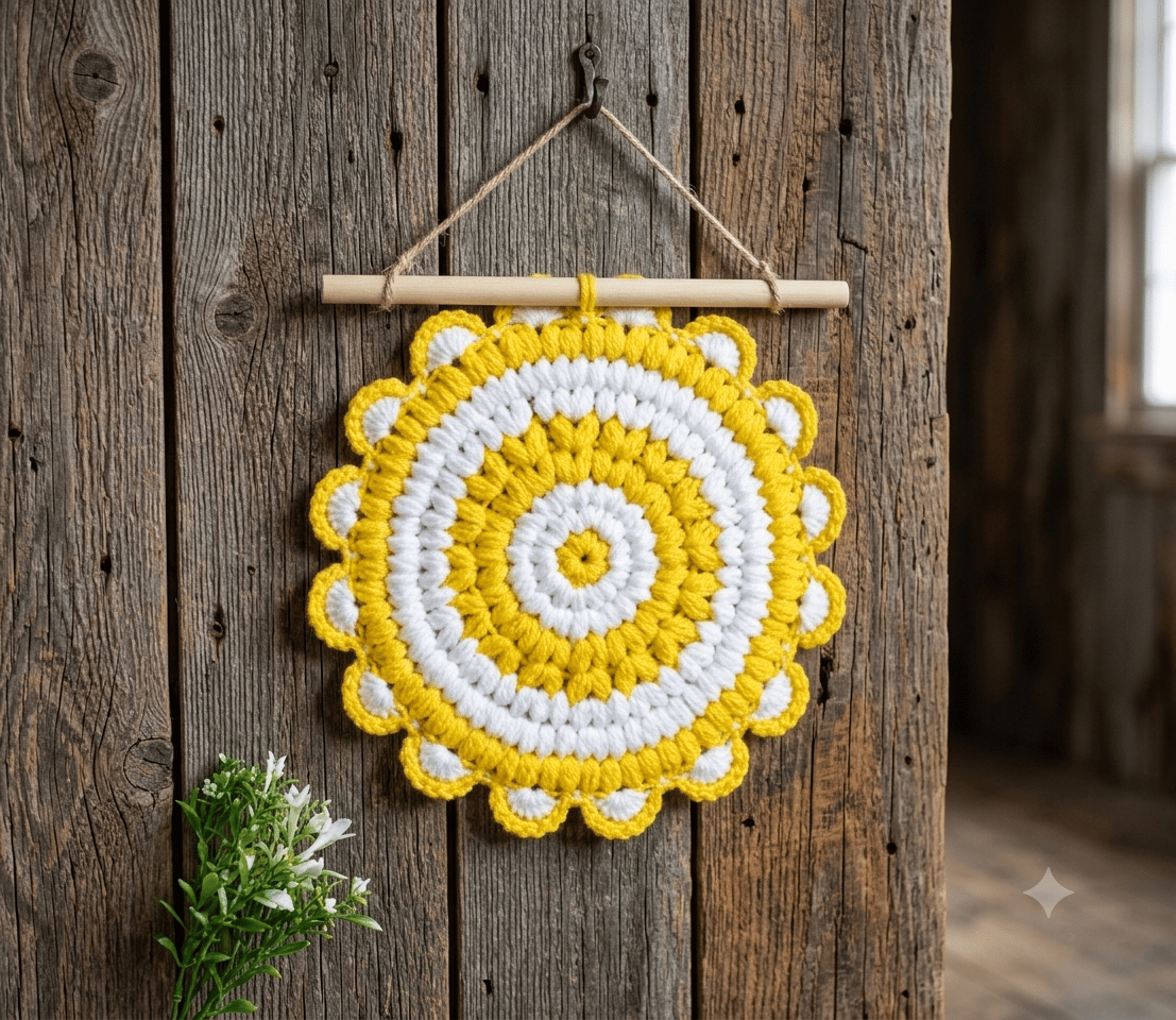 Handmade Round Crochet  / Doily – Yellow & White Floral Home Décor