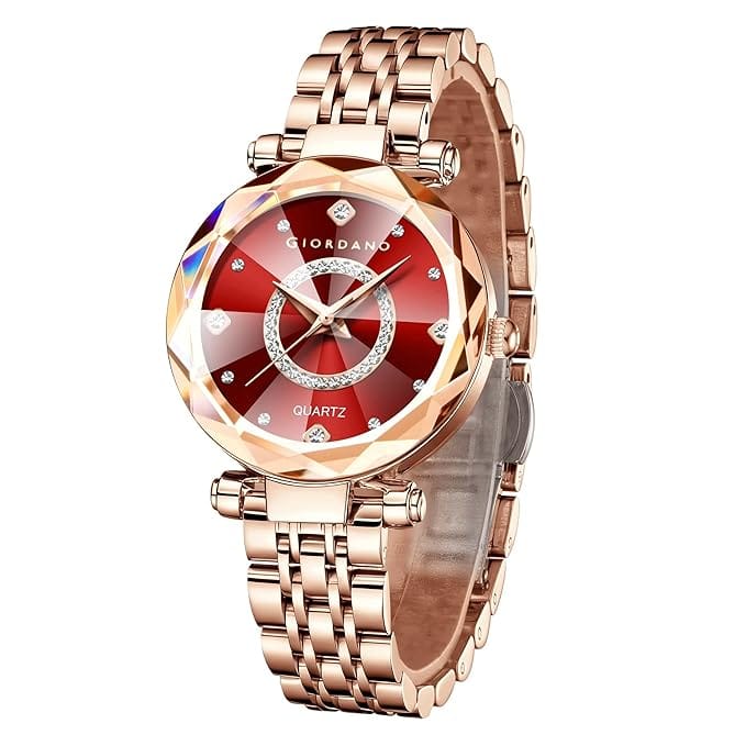 Giordano Analog Watch for Women – Round Dial with Crystal Accents, Rose Gold Stainless Steel Strap, Elegant Timepiece (Rose Gold)