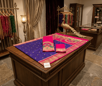Handloom Kanchipuram Silk Saree in Purple with Pink Zari Border & Pallu
