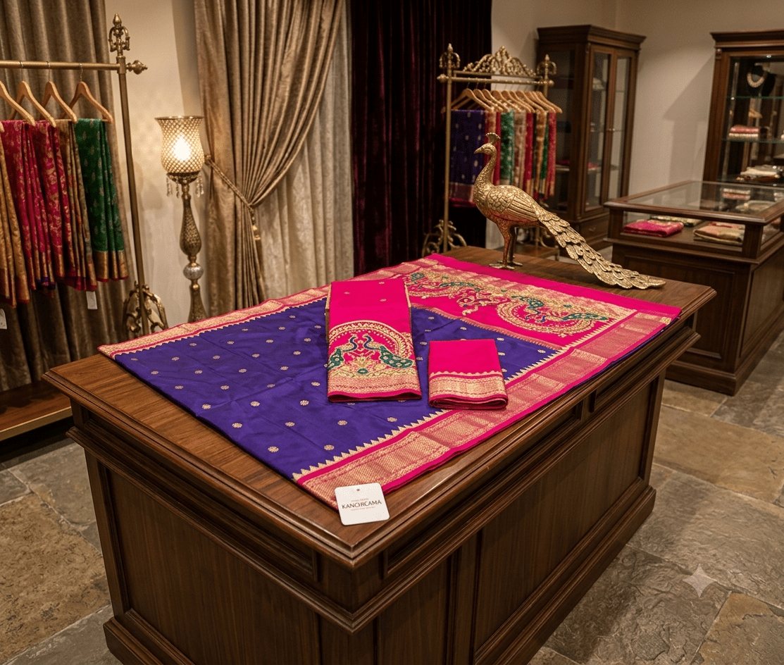 Handloom Kanchipuram Silk Saree in Purple with Pink Zari Border & Pallu