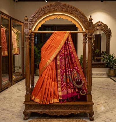 Traditional Hand-woven Orange & Fuchsia Pink Figurative Silk Saree
